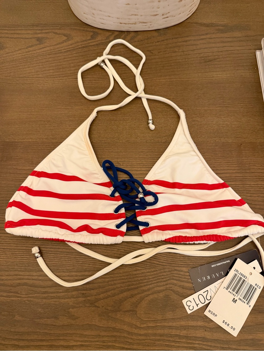 Ralph Lauren Girls Red & White Striped Lace-Up Bikini Top
